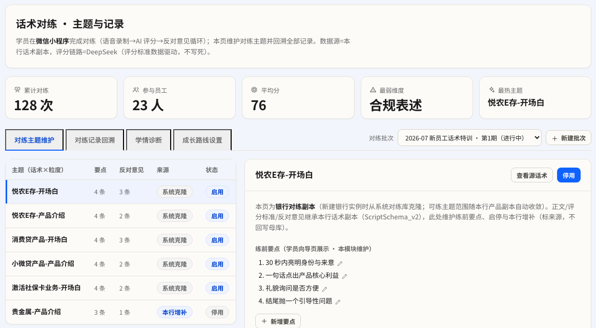 话术对练 · 对练进度与主题维护